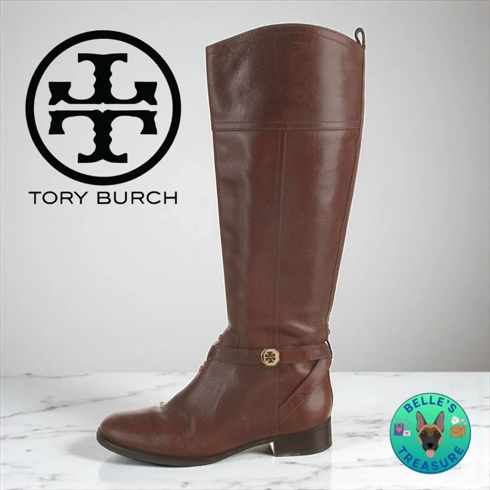 Tory Burch Brita Womens Riding Boots 6 M Brown Leather Side Zip Knee High Boots